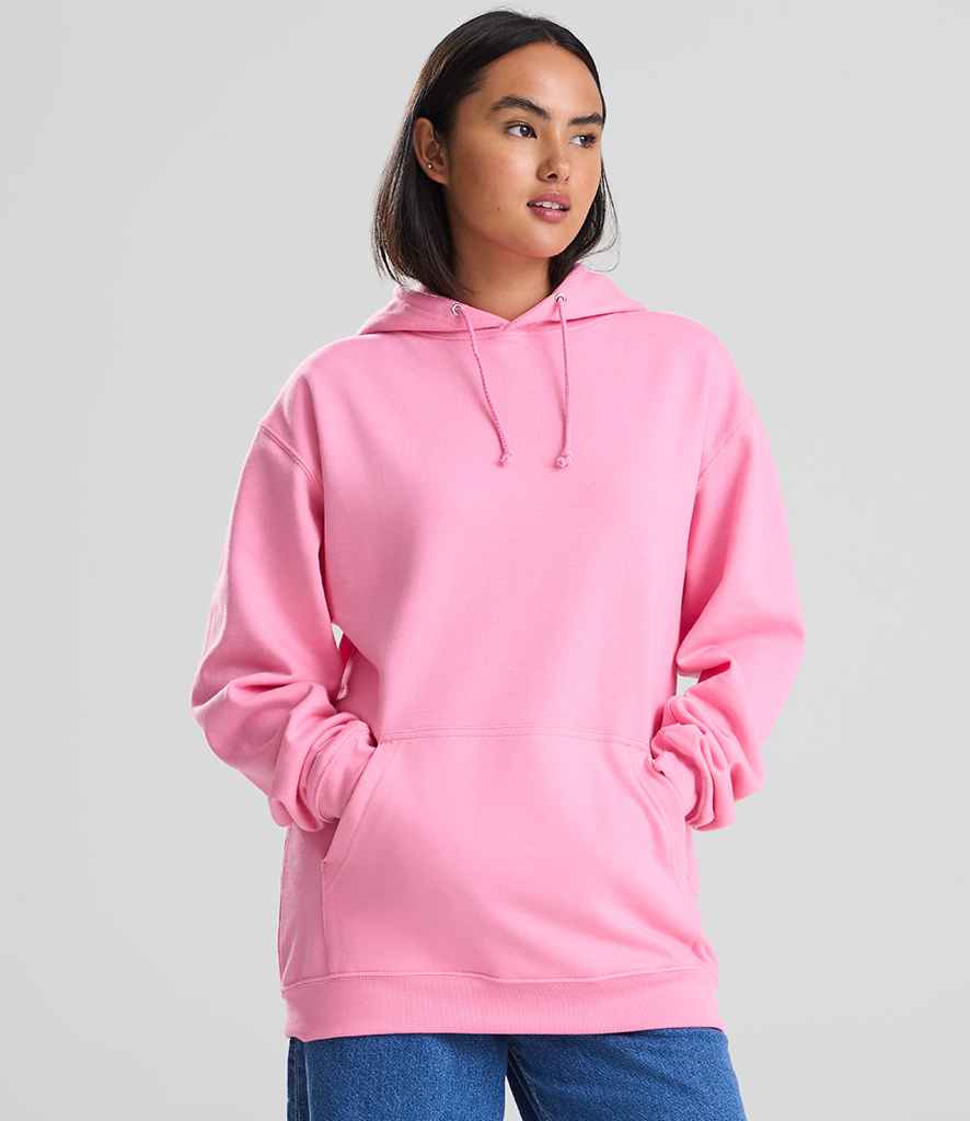 Plain hoodie in a bold colour, worn by a model